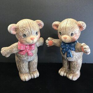 Vintage Earthenware Ceramic Teddy Bears Figurines Nursery Decor RARE - Set of 2